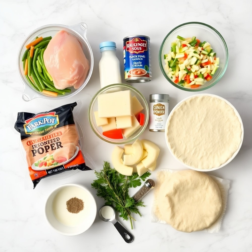 Raw ingredients for Crockpot Chicken Pot Pie arranged on a marble surface