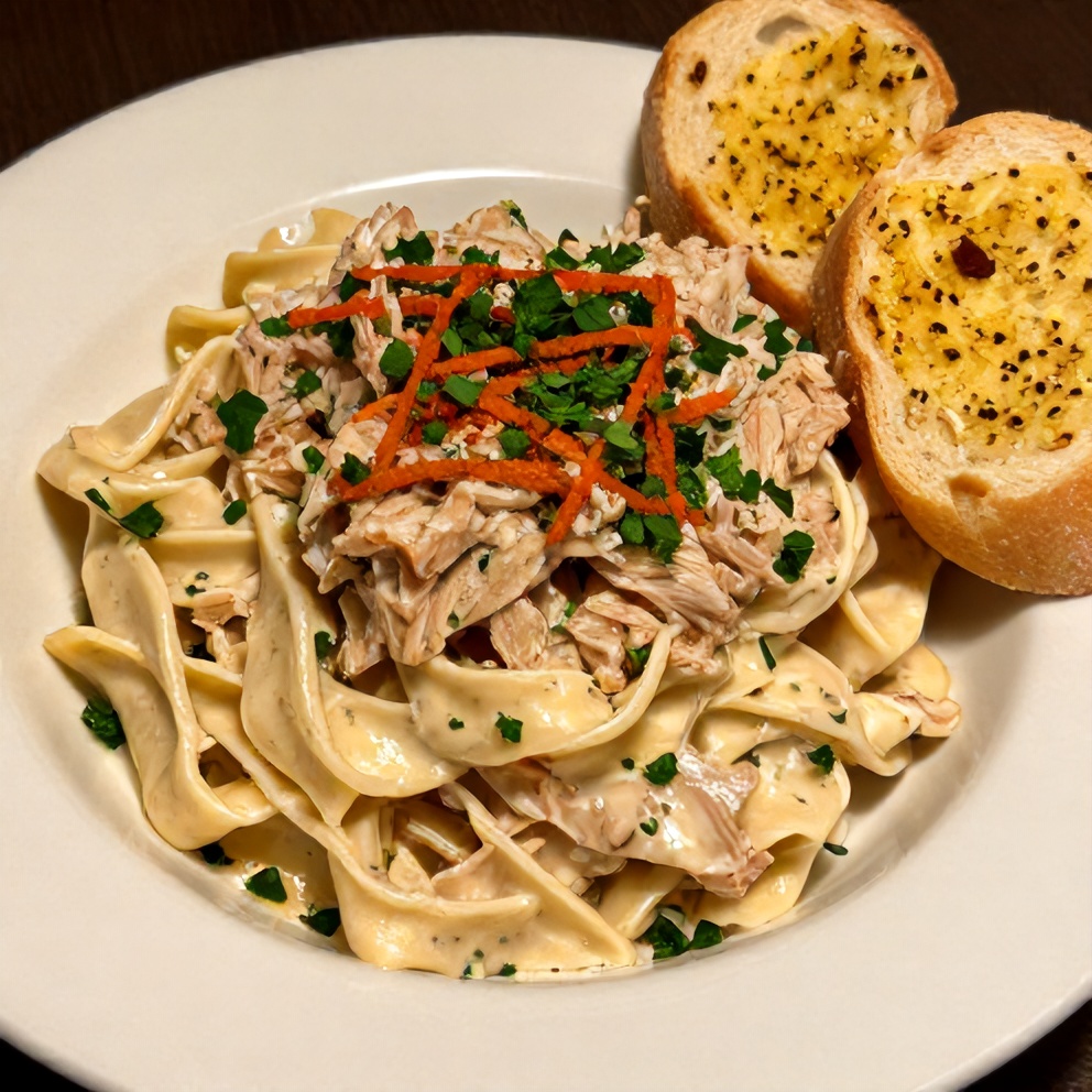 Plated tuna pasta salad with a side of garlic bread