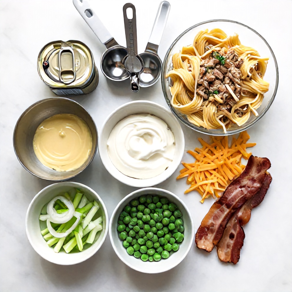 Raw ingredients for tuna pasta salad: canned tuna, pasta, mayo, celery, onion, bacon, peas, and cheese