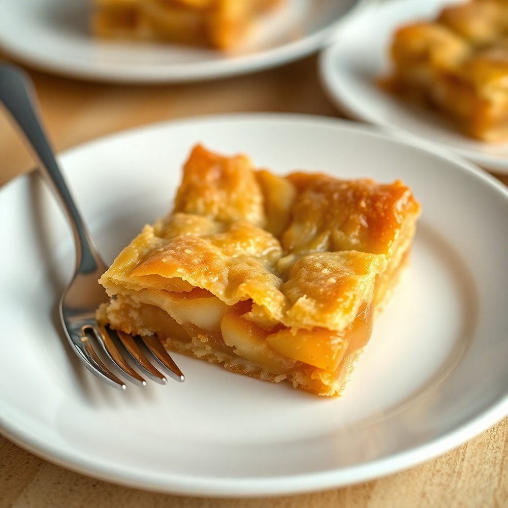 Apple Pie Bars on a white plate with a fork