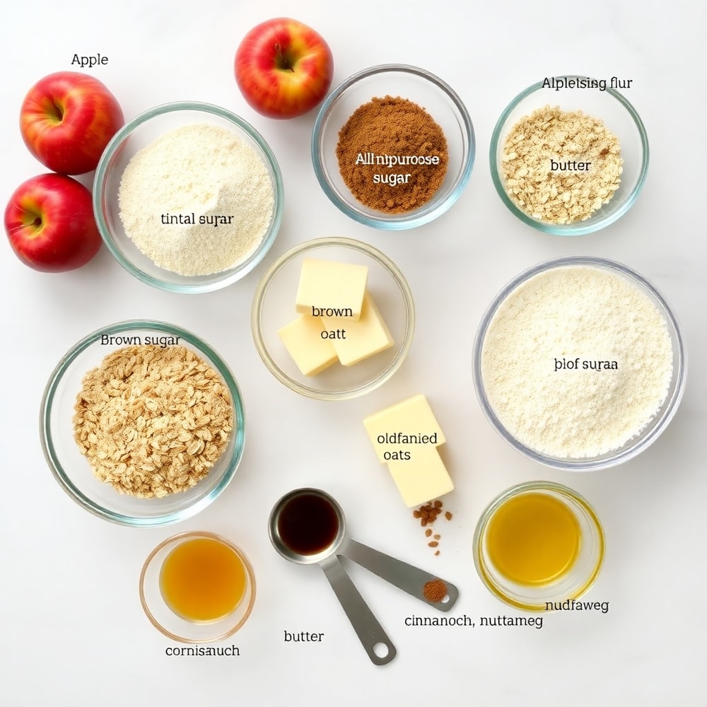 Raw ingredients for Apple Pie Bars on a white marble surface