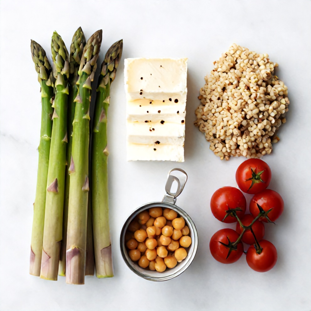 Raw ingredients for Asparagus Halloumi Farro Salad
