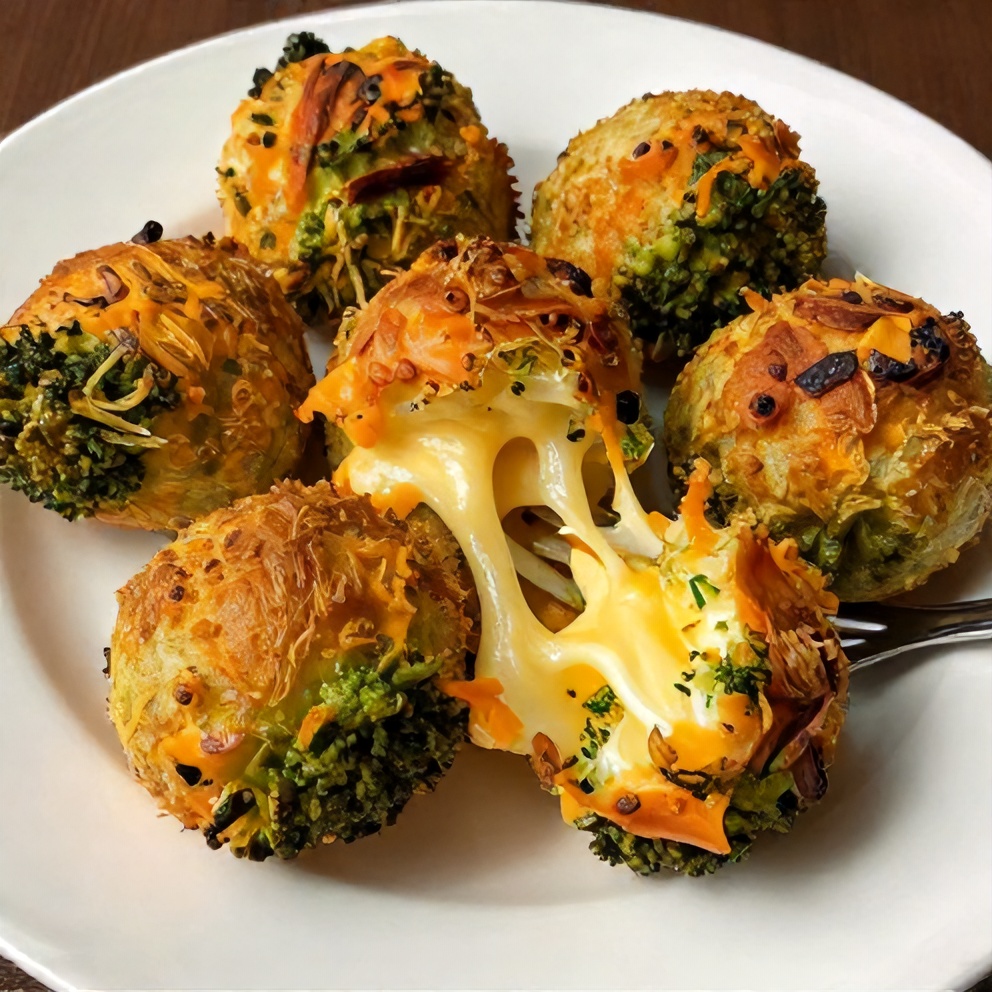 Baked broccoli cheese balls on a plate with a fork