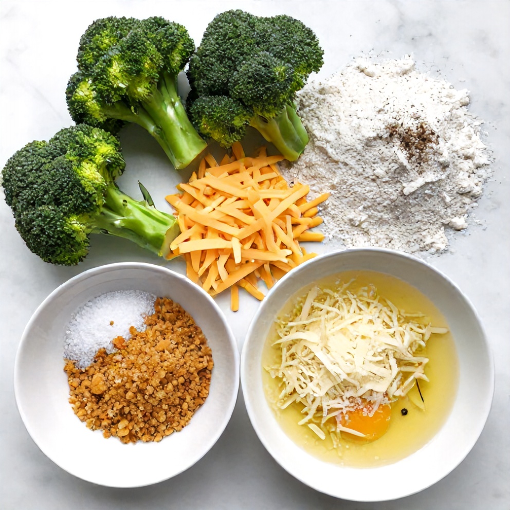 Raw broccoli, cheese, breadcrumbs, and seasonings laid out