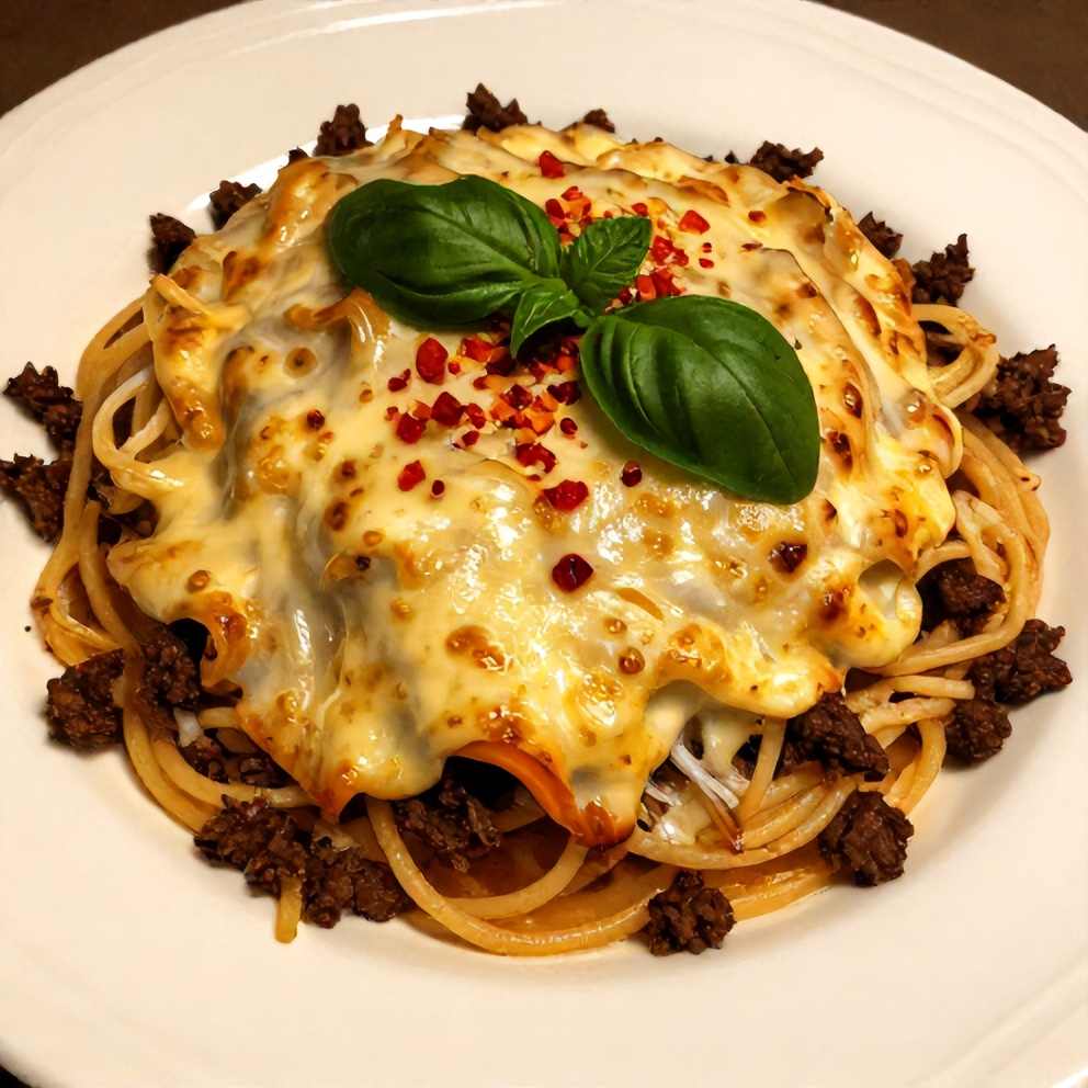 Plated serving of cheesy baked spaghetti with ground beef