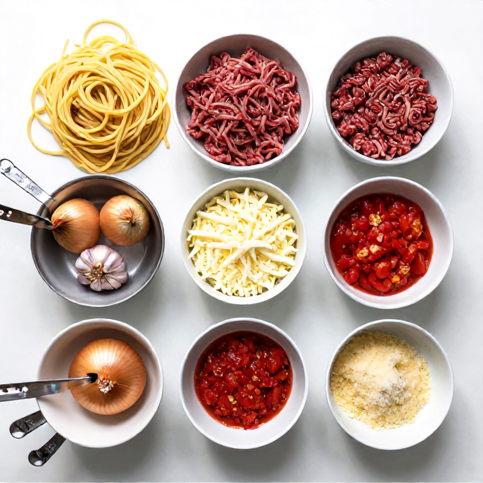 Raw ingredients for baked spaghetti with ground beef laid out