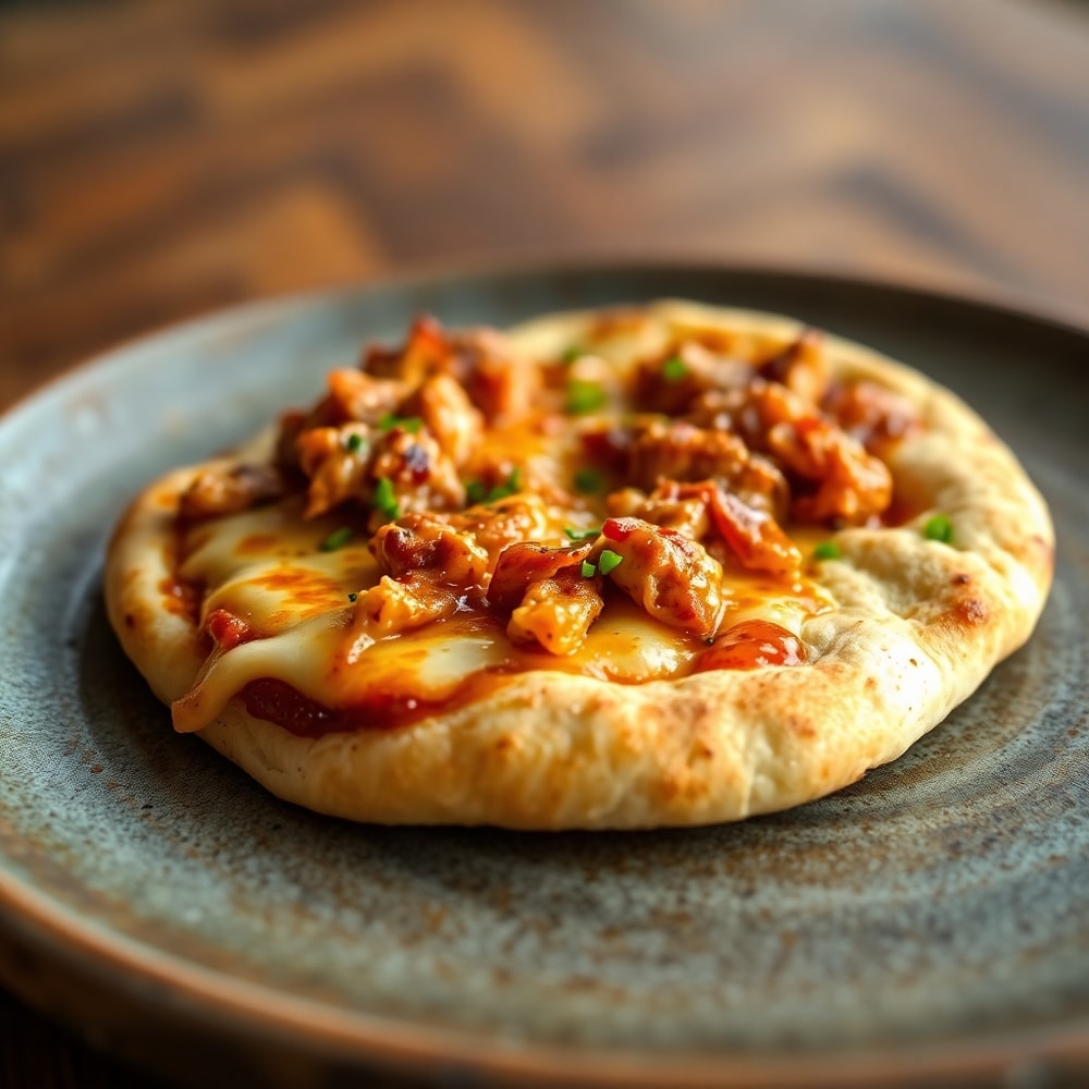 Plated BBQ Chicken Flatbread on a rustic plate