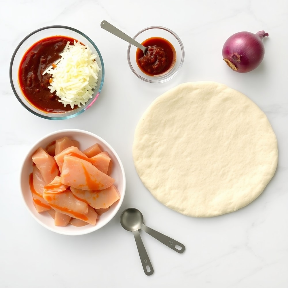 Raw ingredients for BBQ Chicken Flatbread on a marble surface
