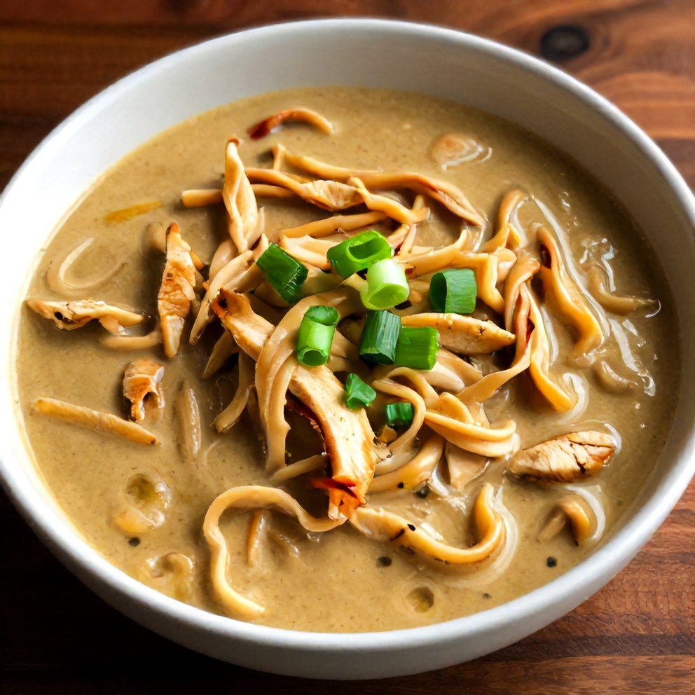 Plated serving of BBQ Chicken Noodle Soup with green onions