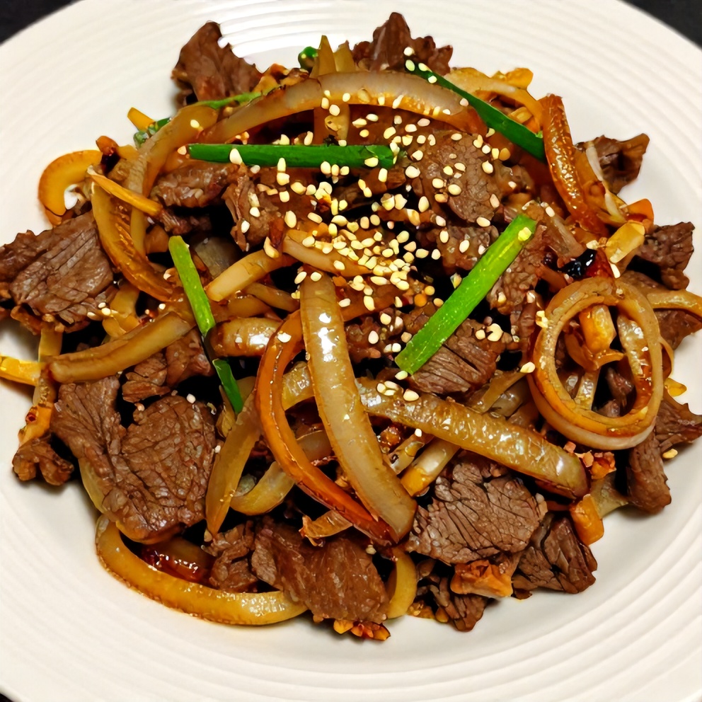 Beef and onion stir fry on a white plate with green garnish