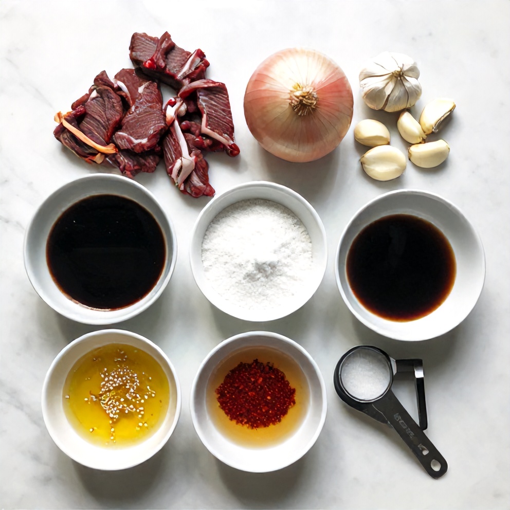 Raw ingredients for beef and onion stir fry on a marble surface