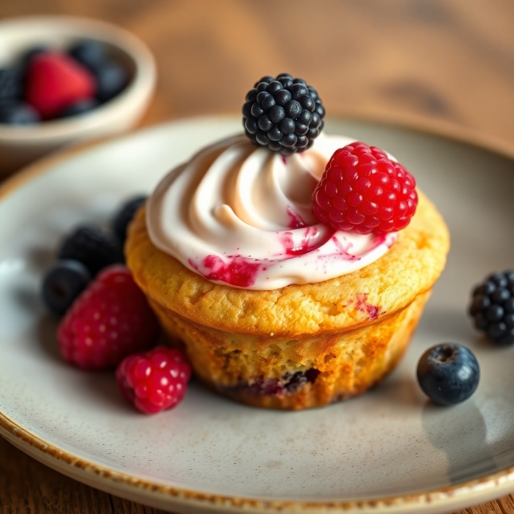 Plated berry cream cheese muffin with a cream cheese swirl and fresh berries on top