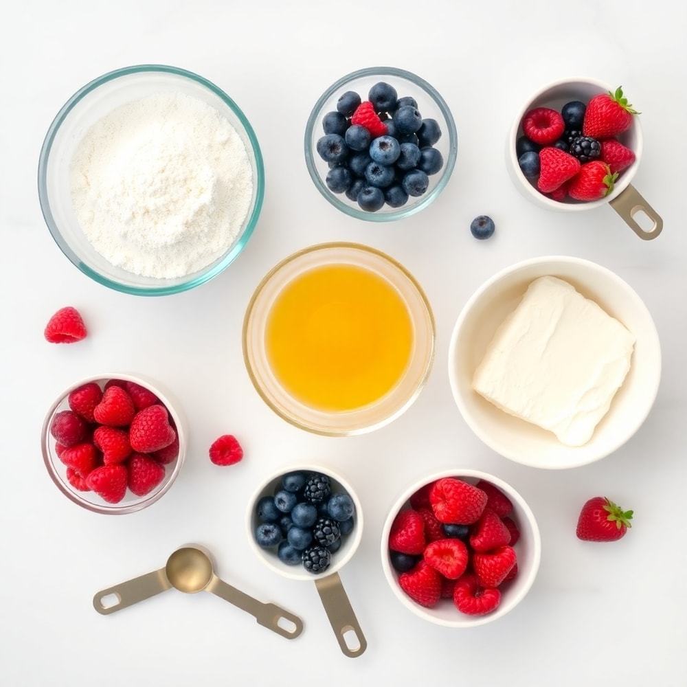 Raw ingredients for berry cream cheese muffins including flour, sugar, eggs, cream cheese, and mixed berries