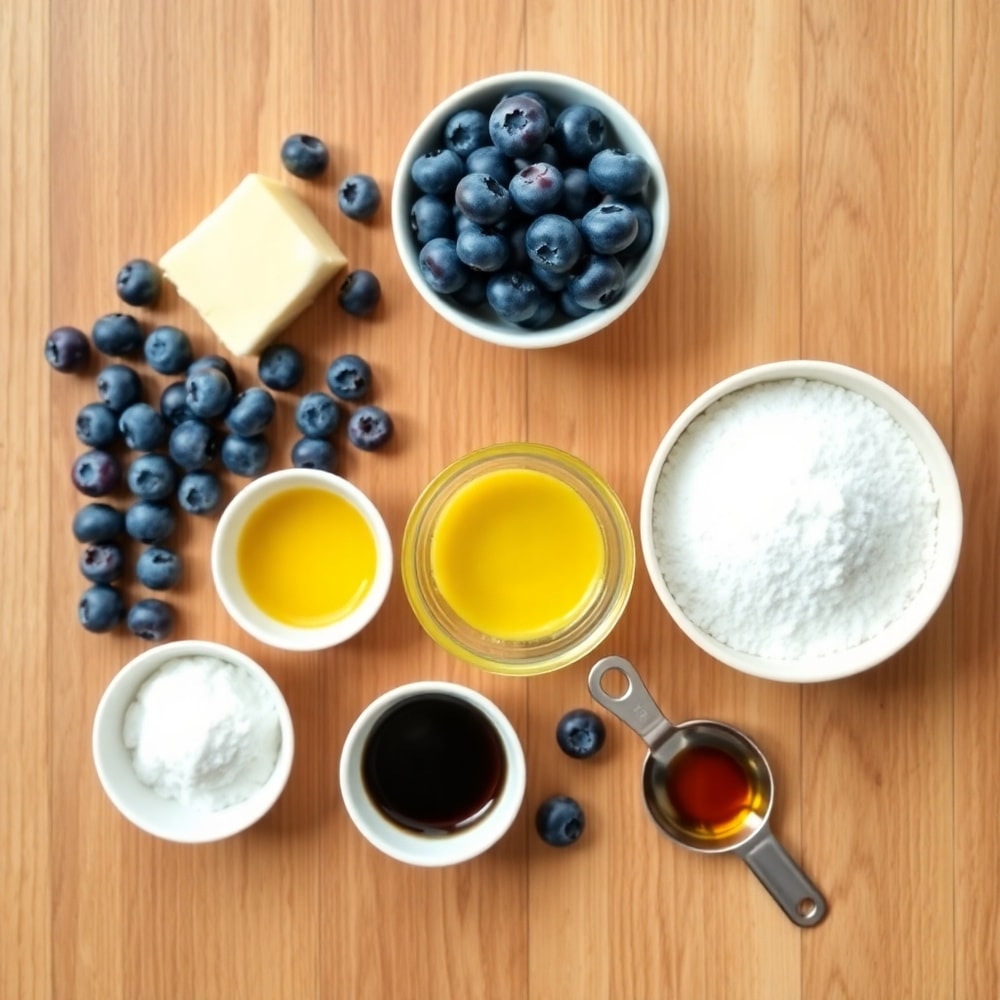 Blueberries, butter, sugar, lemon juice, and vanilla extract on a wooden surface