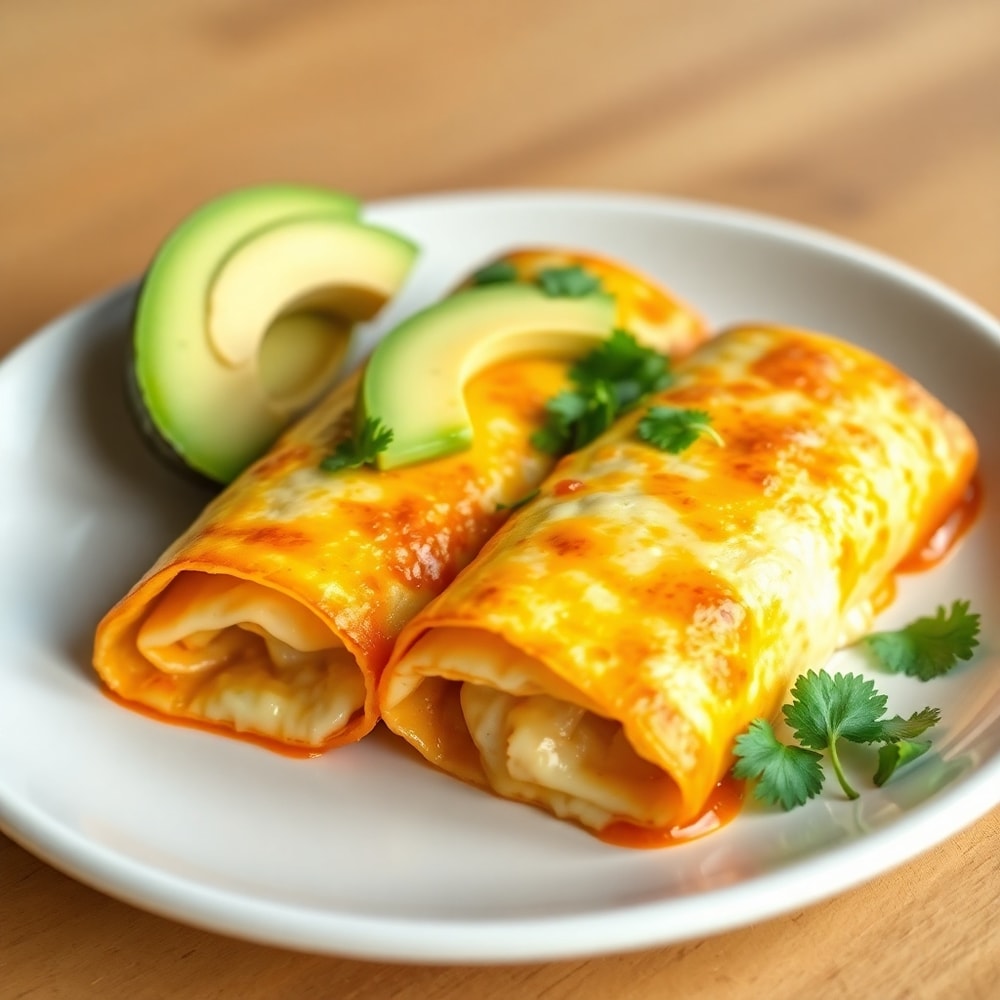 Plated Breakfast Enchiladas with avocado slices and fresh cilantro
