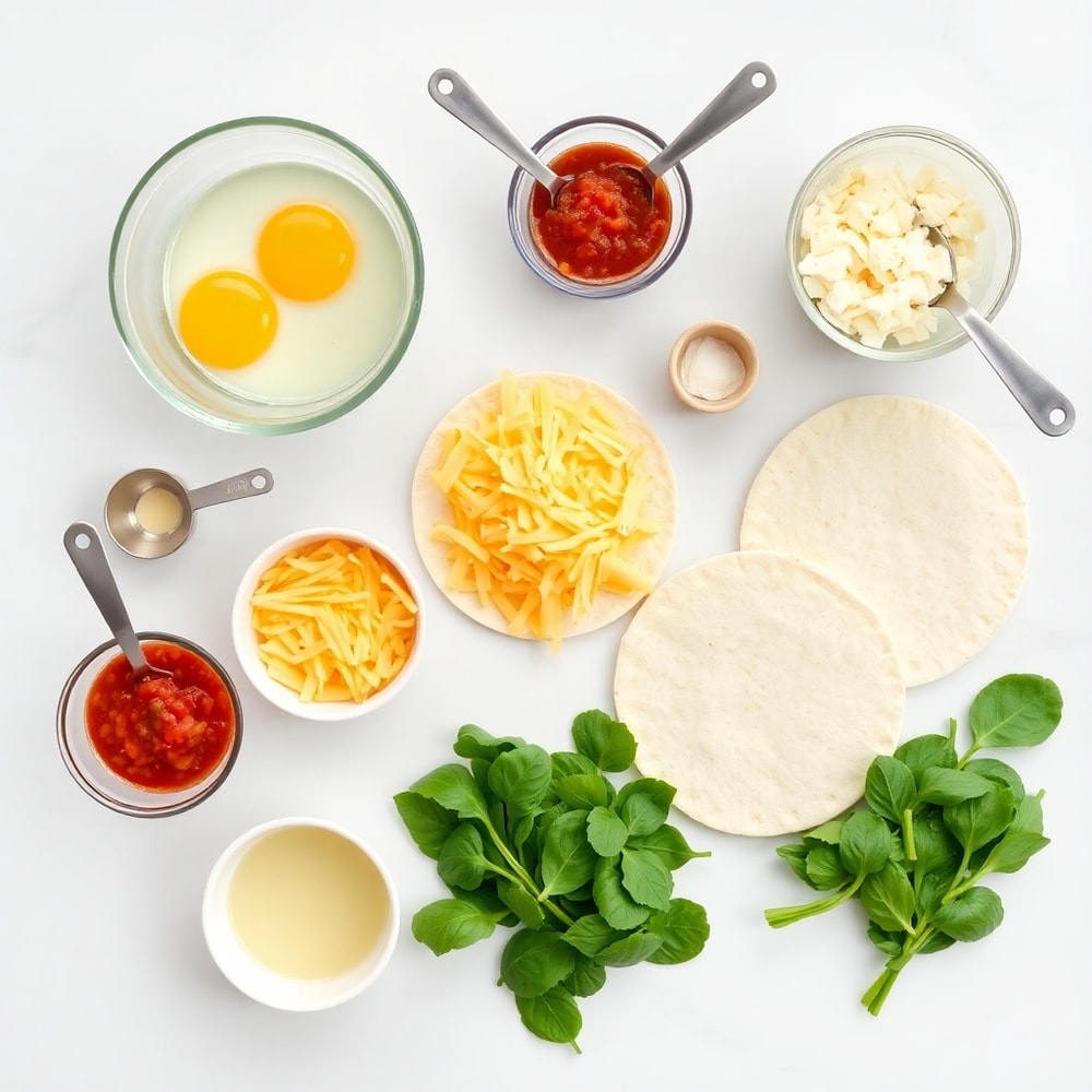 Raw ingredients for Easy Breakfast Enchiladas: tortillas, eggs, cheese, salsa, and spinach