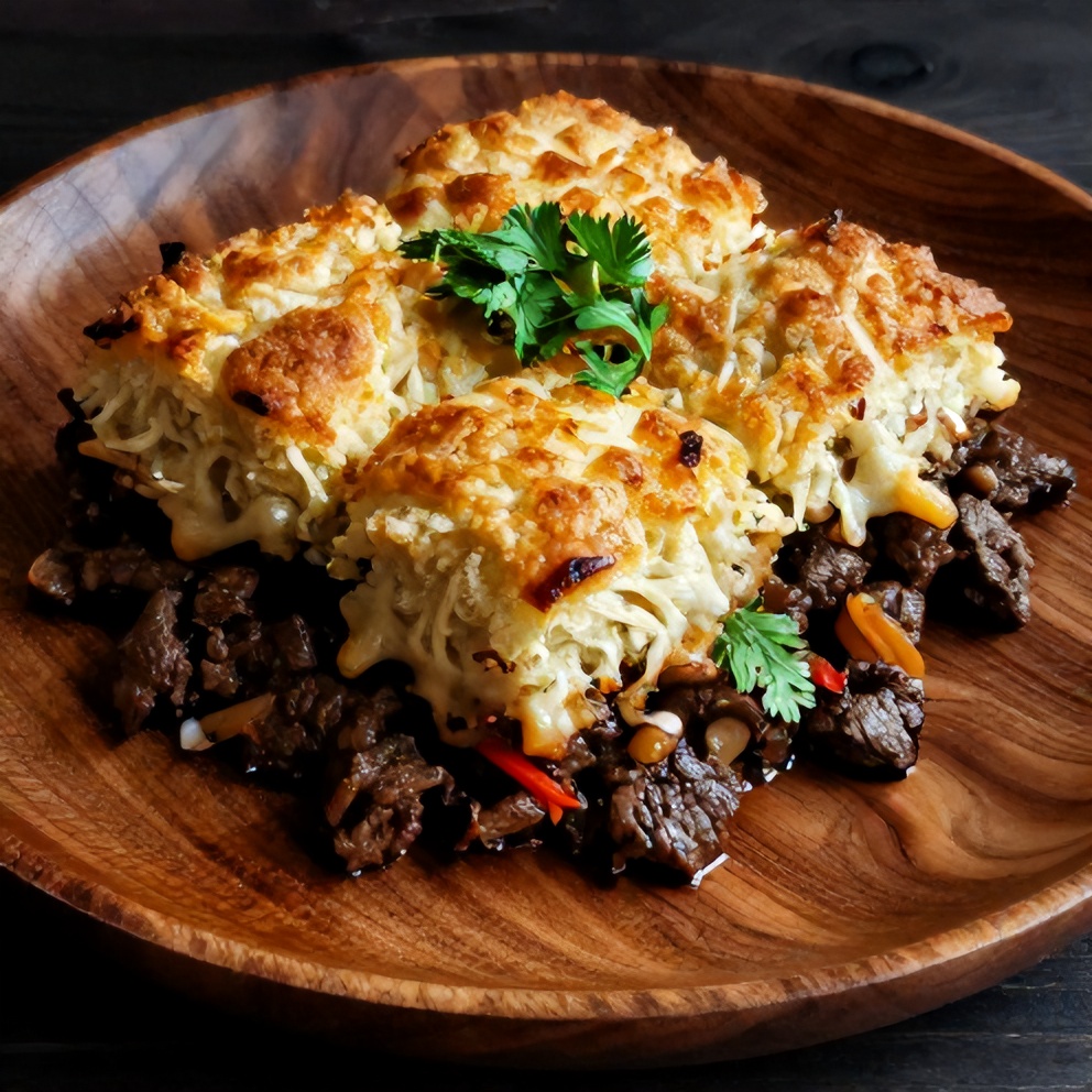 Cattle Drive Casserole with taco beef and cheesy biscuit crust
