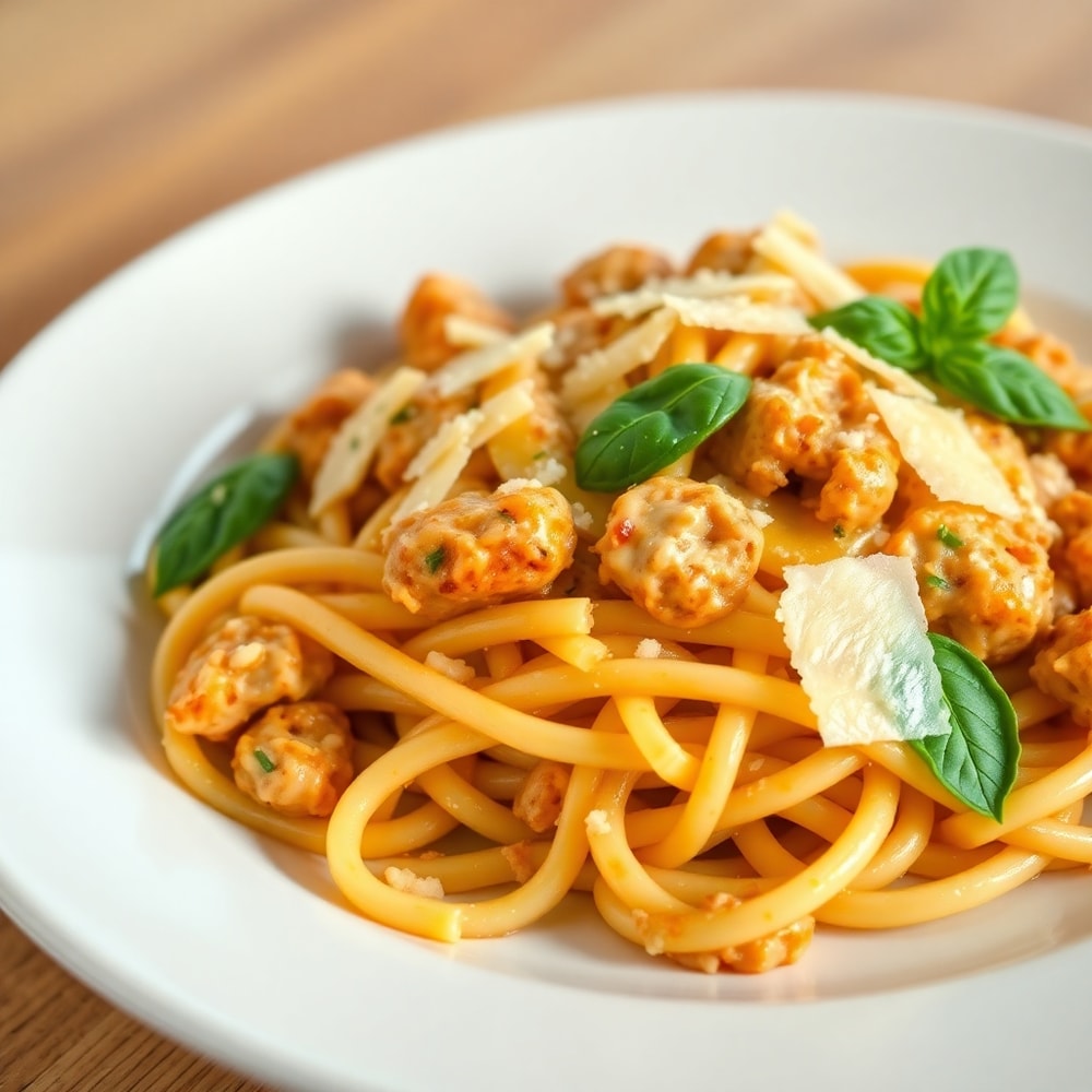 Cheesy Chicken and Sausage Pasta plated with fresh basil and Parmesan cheese