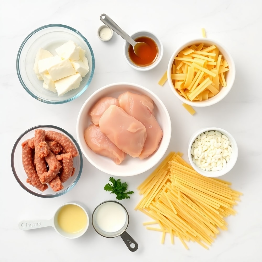 Raw ingredients for Cheesy Chicken and Sausage Pasta: chicken breasts, Italian sausage, pasta, garlic, heavy cream, Parmesan cheese