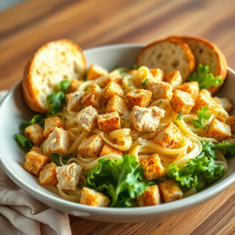 Chicken Caesar Pasta Salad served in a bowl with garlic bread
