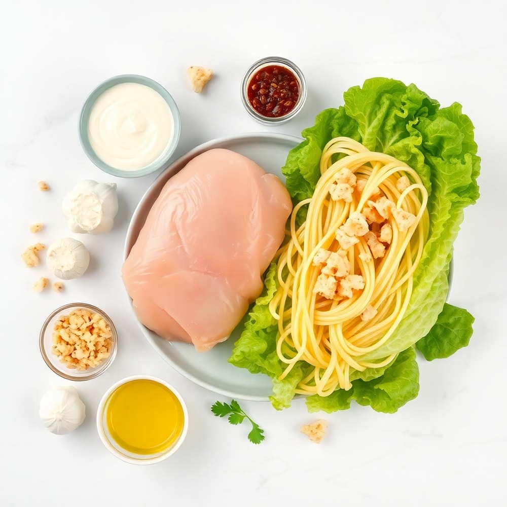 Chicken Caesar Pasta Salad ingredients including chicken, pasta, romaine, croutons, and Caesar dressing