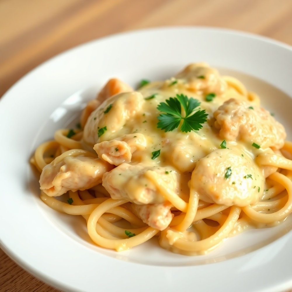 Plated serving of Chicken Tetrazzini with parsley garnish