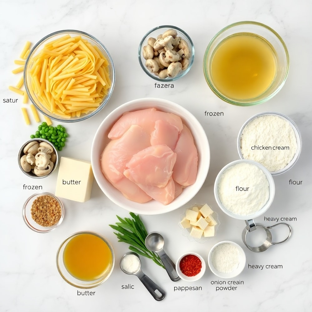 Raw ingredients for Chicken Tetrazzini arranged on a marble surface