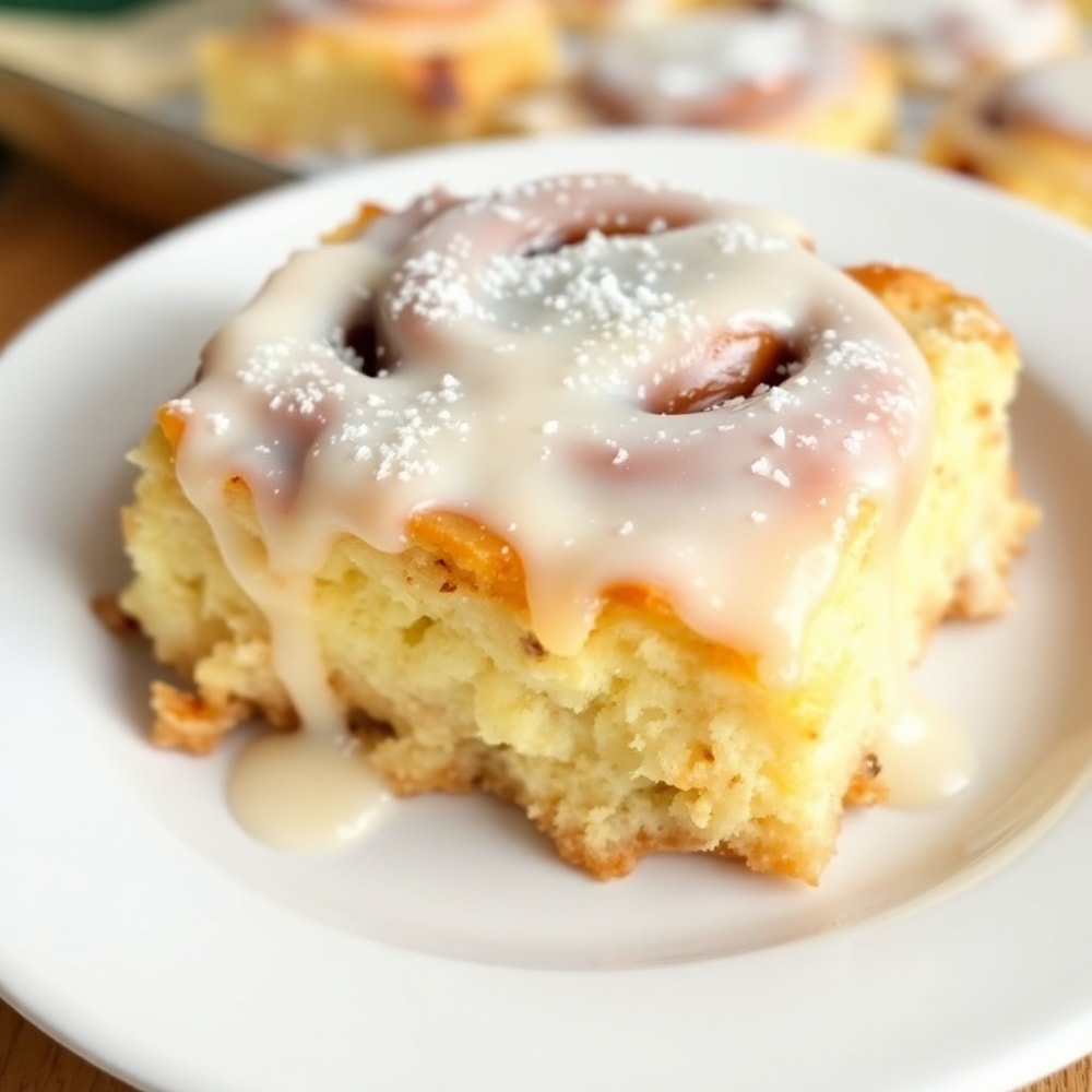 Easy Cinnamon Roll Casserole plated with creamy glaze and powdered sugar