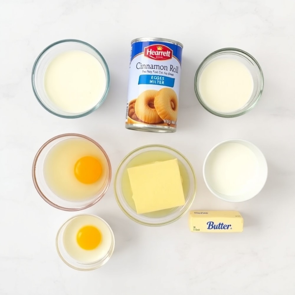 Raw ingredients for Easy Cinnamon Roll Casserole including canned cinnamon rolls, eggs, milk, and butter