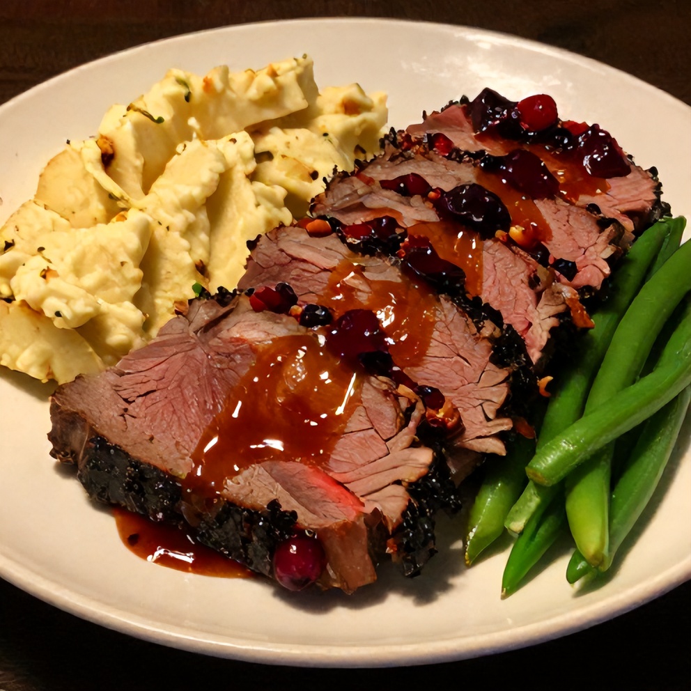 Sliced cranberry balsamic roast beef on a plate with mashed potatoes