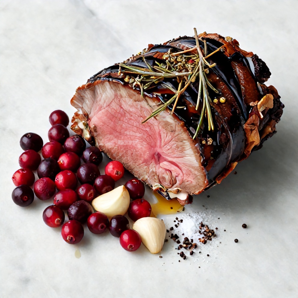 Raw ingredients for cranberry balsamic roast beef on a marble surface