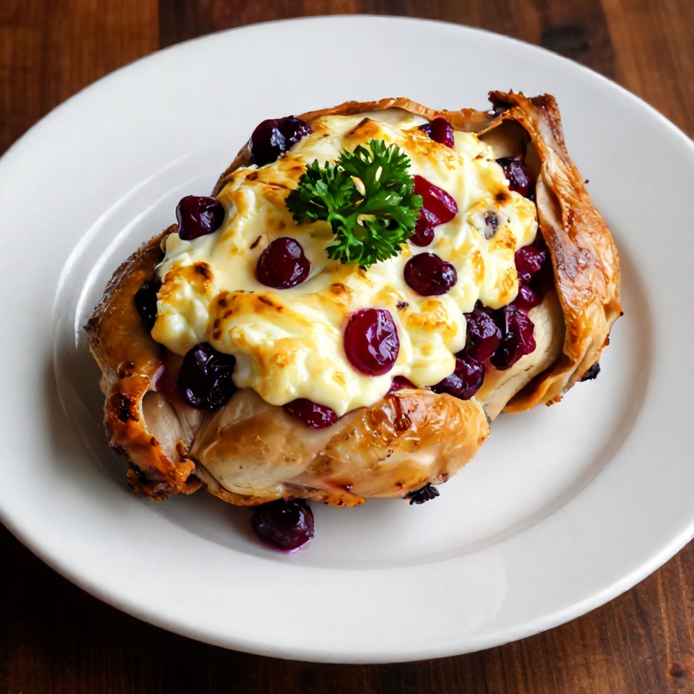 Plated Cranberry Brie Stuffed Chicken with green garnish