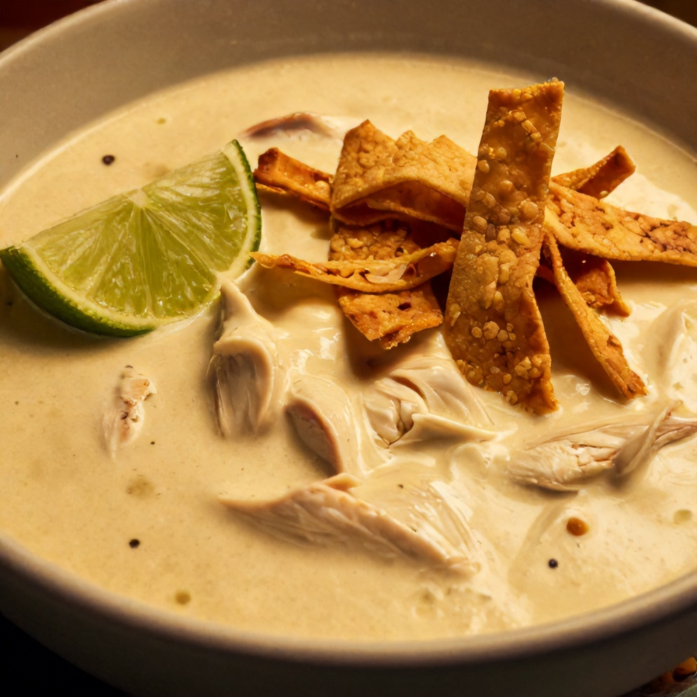 Bowl of creamy chicken tortilla soup with a lime wedge and tortilla strips