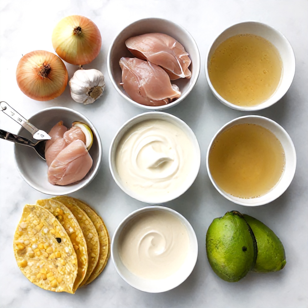 Raw ingredients for creamy chicken tortilla soup on a wooden surface