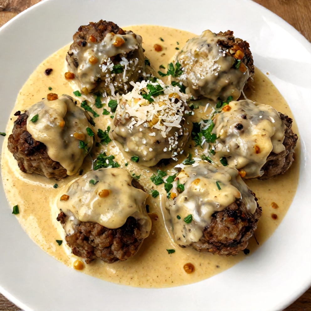 Plated Creamy Dijon Meatballs