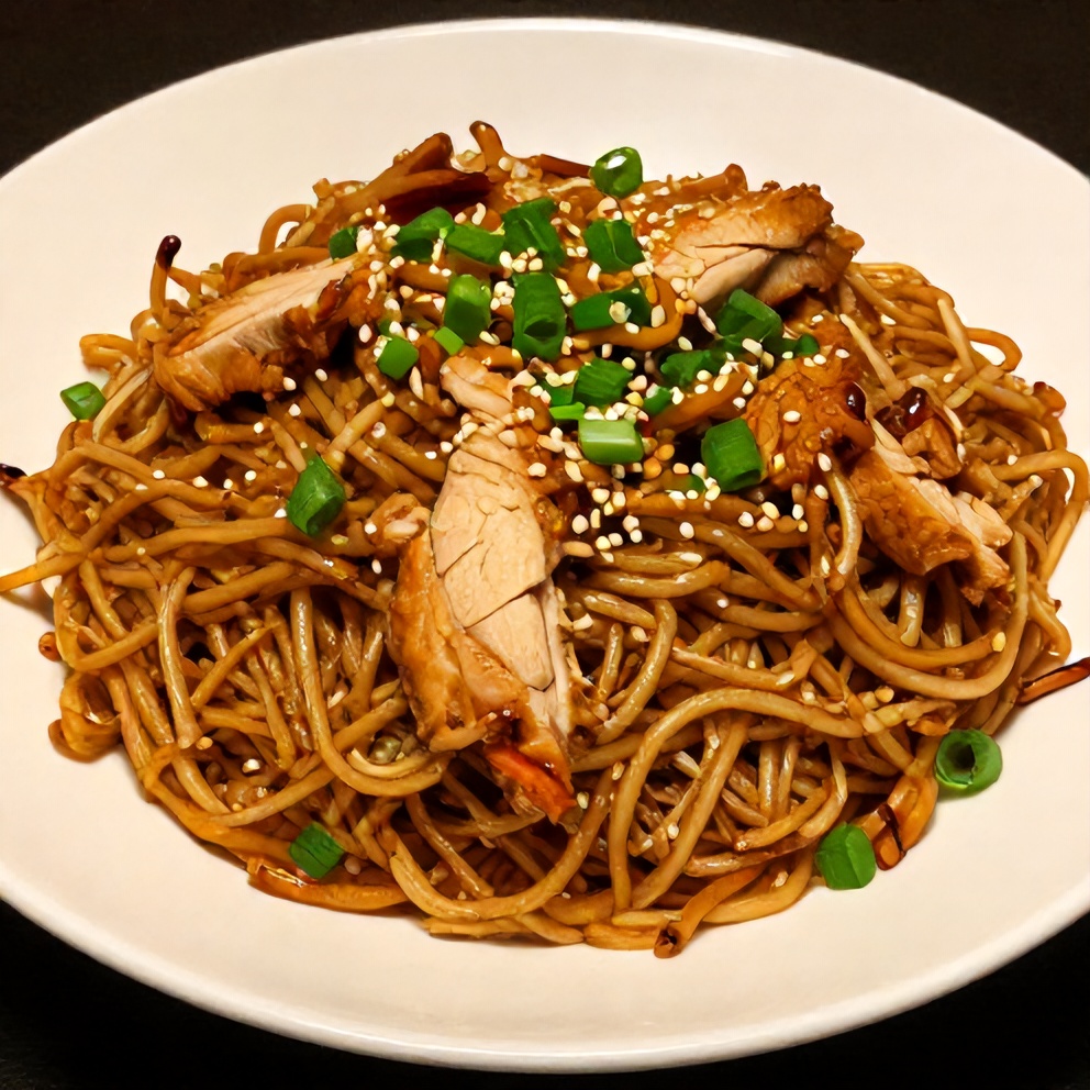 Plated Chicken Chow Mein on a white plate