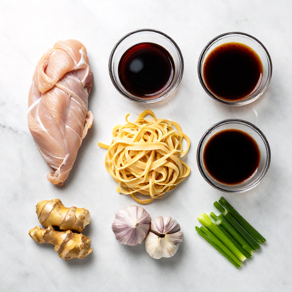 Raw ingredients for Chicken Chow Mein on a white marble surface