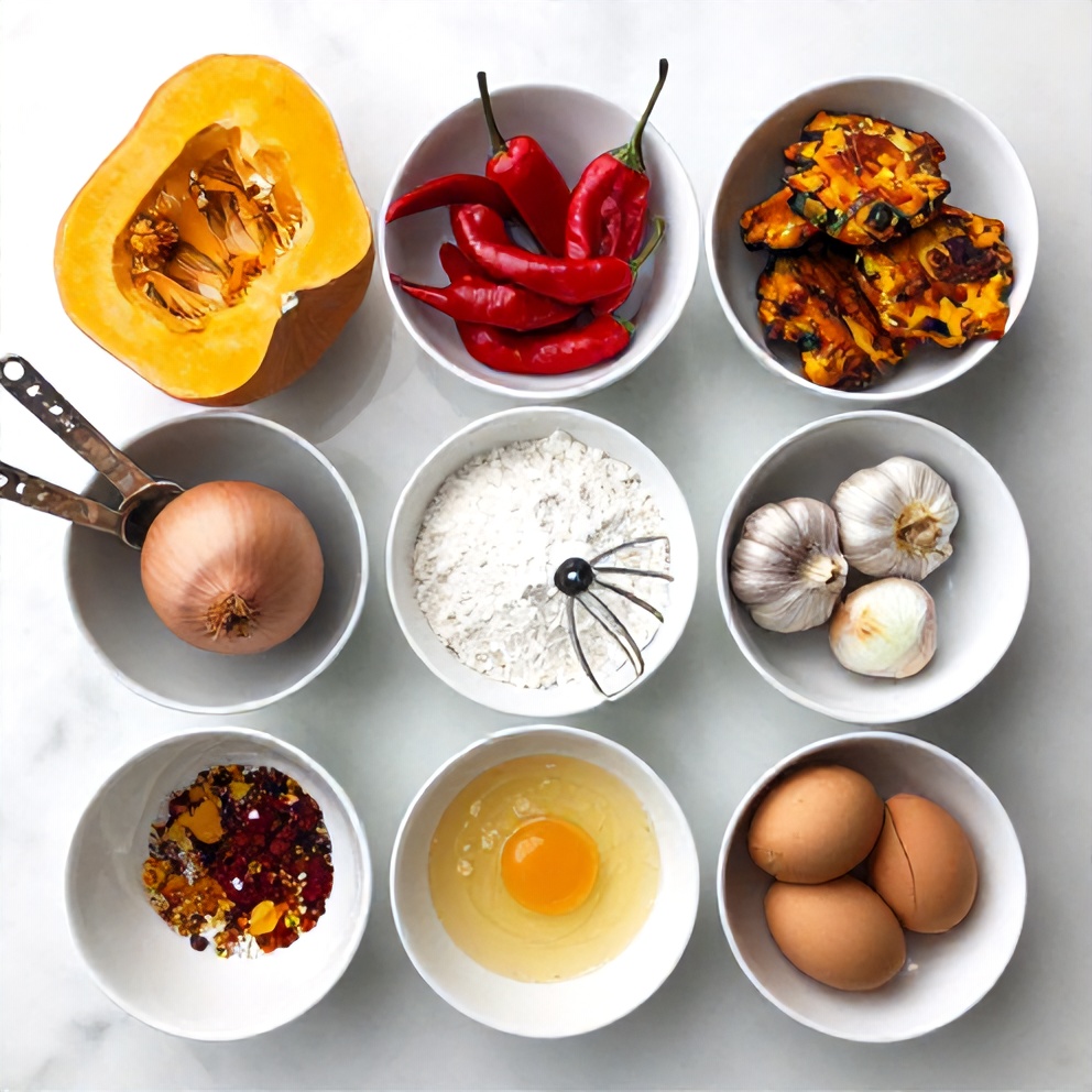 Raw ingredients for Chipotle Squash Fritters on a marble surface