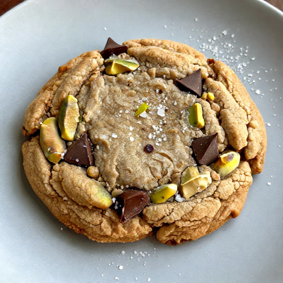 Pistachio Chocolate Chunk Cookies on a light blue plate