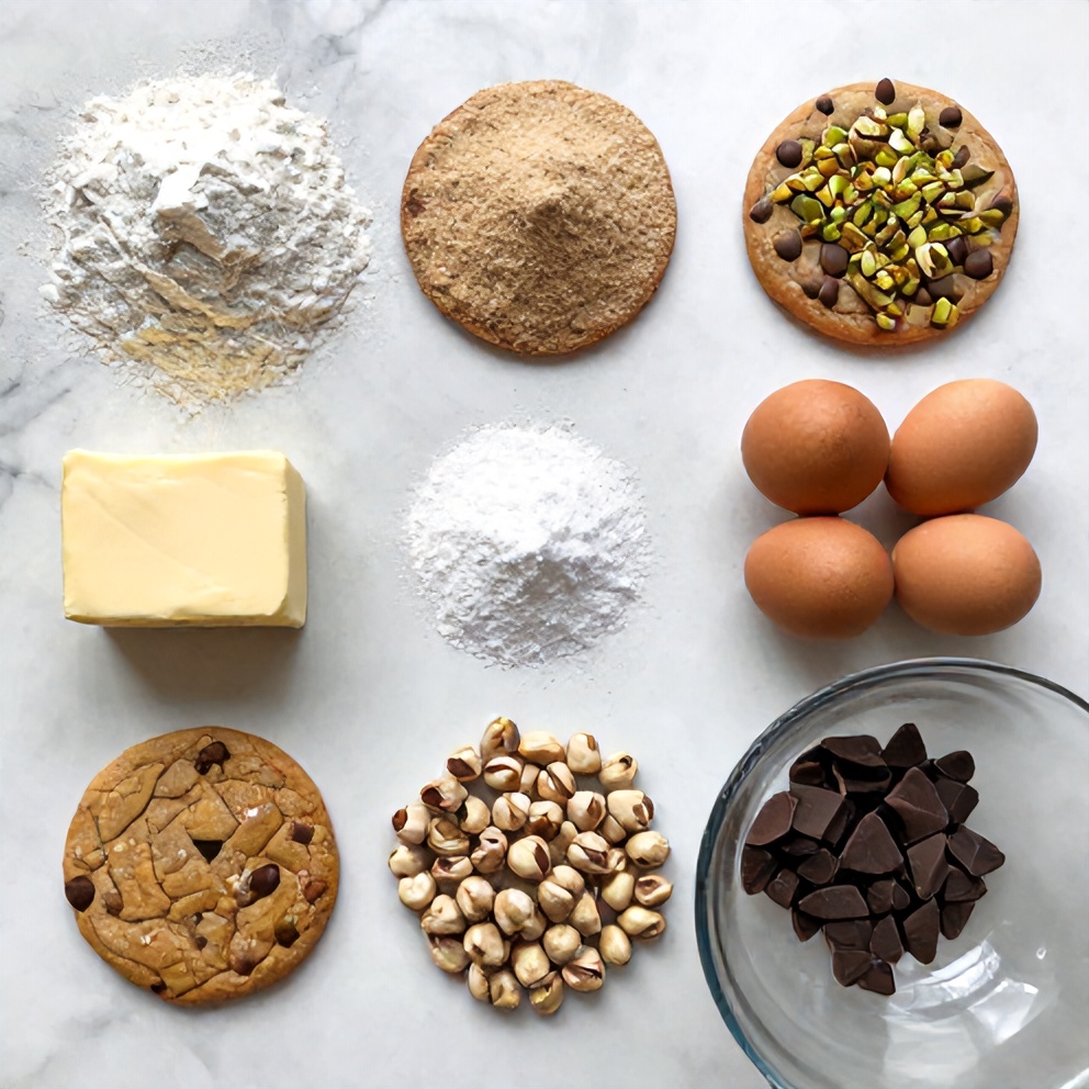 Raw ingredients for Pistachio Chocolate Chunk Cookies on a white marble surface