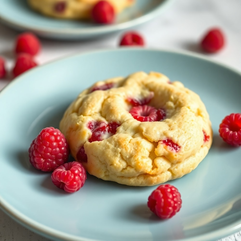 Plated raspberry lemon cookie on a light blue plate