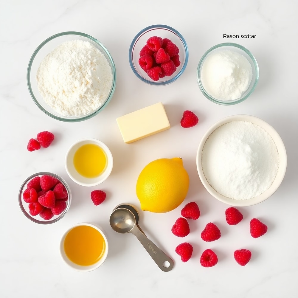 Raw ingredients for raspberry lemon cookies on a white marble surface