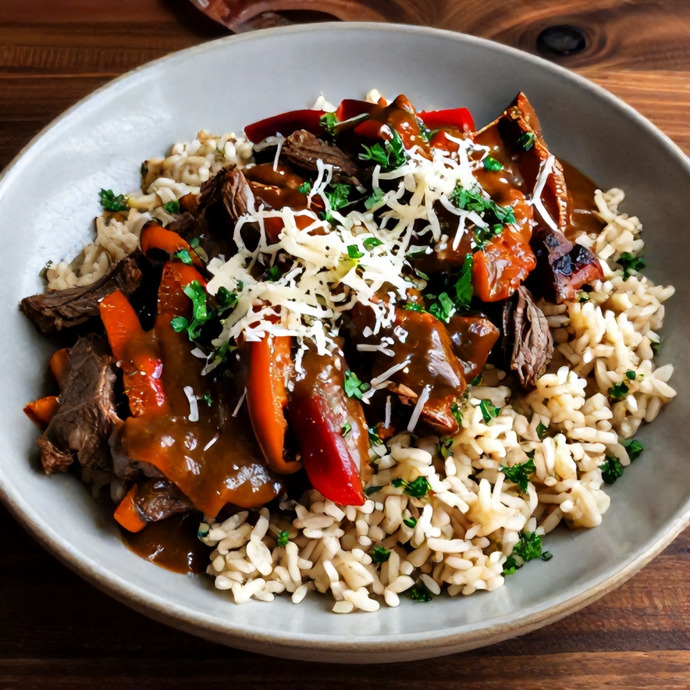 Pepper Steak served over rice with a side of green beans