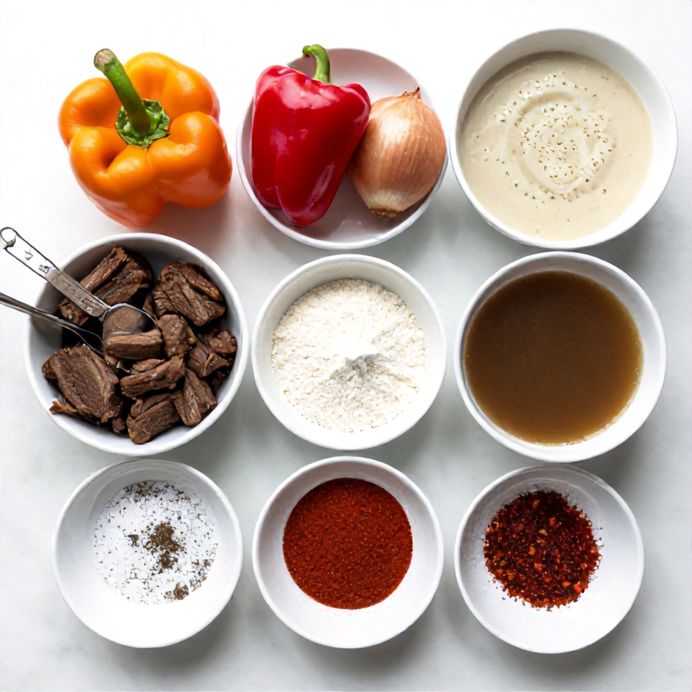 Raw ingredients for Easy Crock Pot Pepper Steak arranged on a marble surface