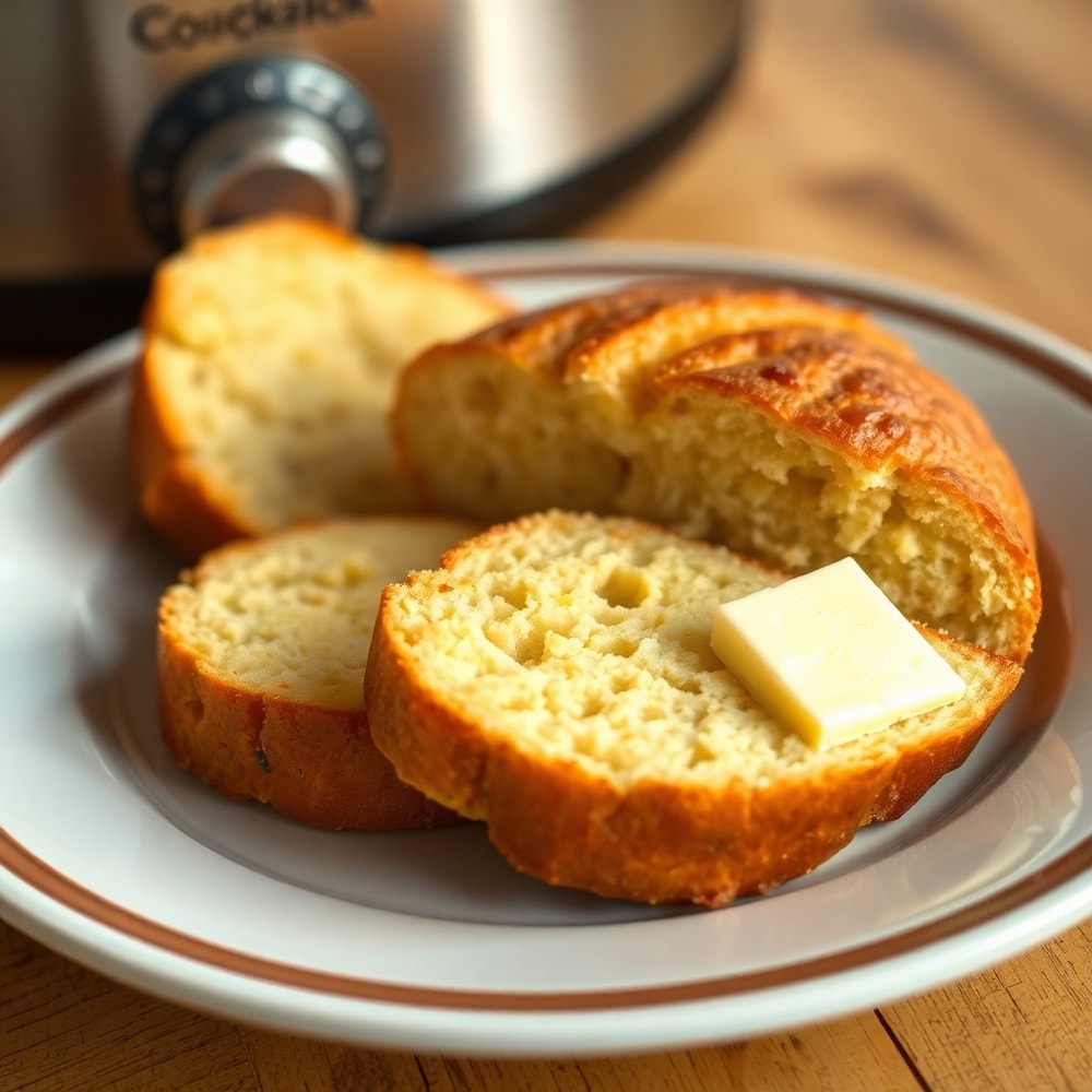 Crockpot bread sliced and served with butter