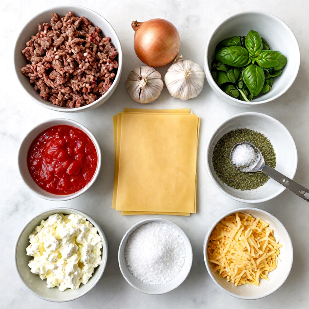 Raw ingredients for Crockpot Lasagna including ground beef, ricotta, lasagna noodles, and mozzarella cheese