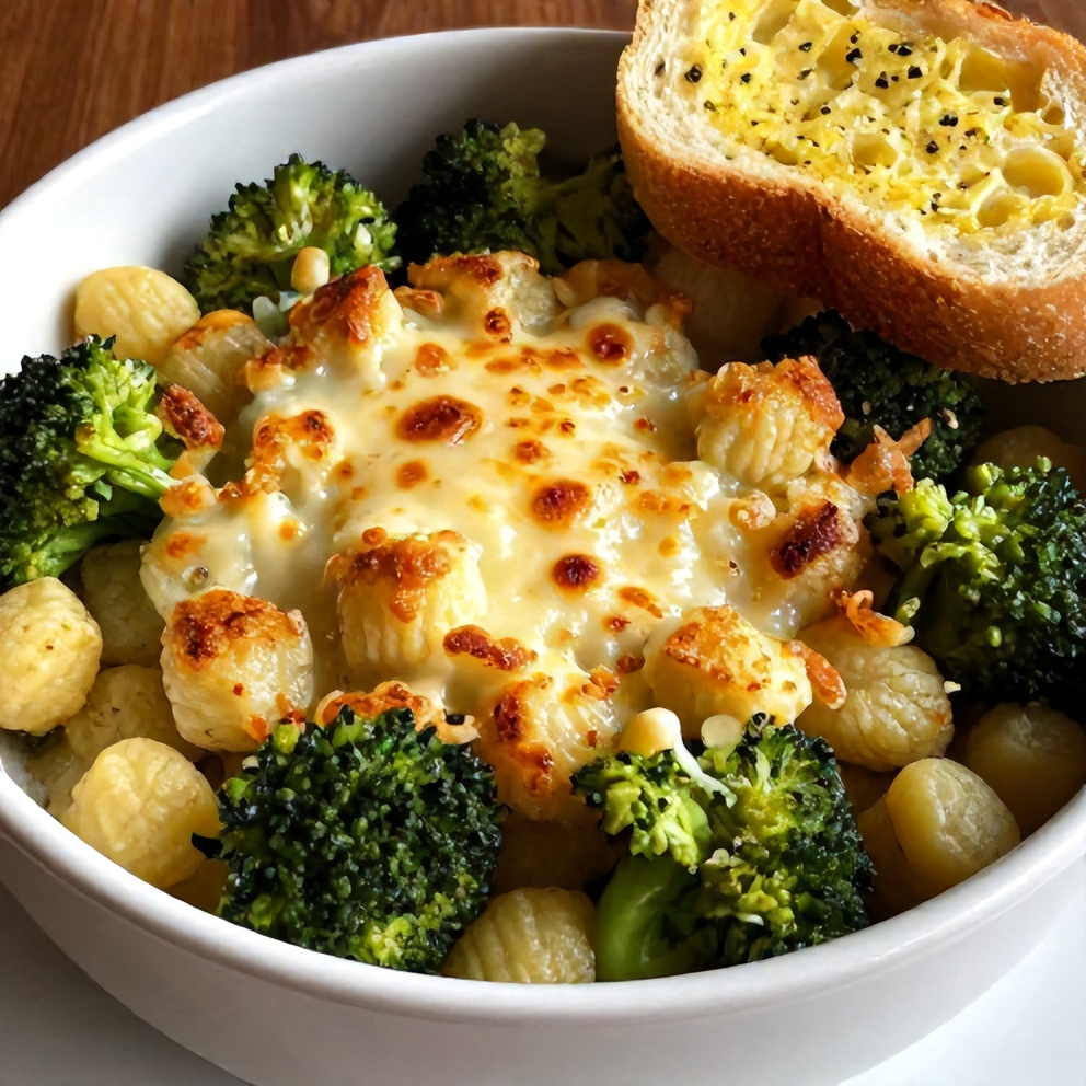 Gnocchi broccoli bake served in a bowl with a side of garlic bread