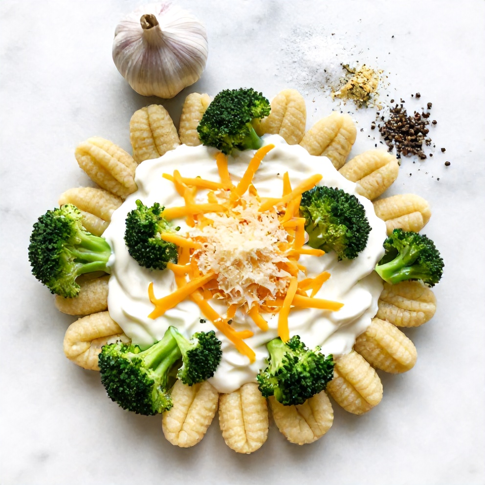 Gnocchi, broccoli, garlic, cheese, and heavy cream laid out