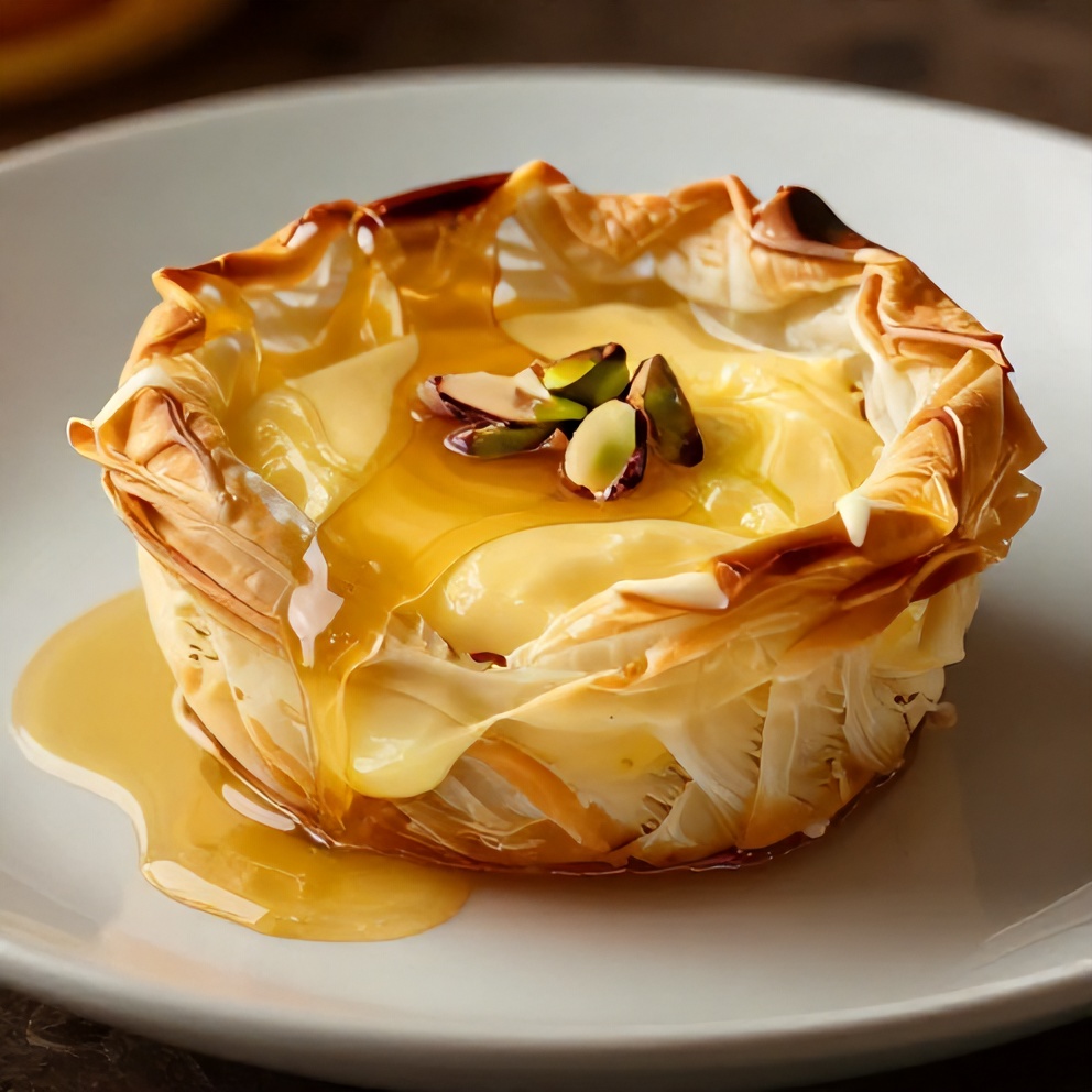 Plated Greek Custard Phyllo Cups with Honey Lemon Syrup