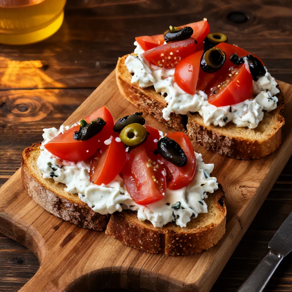 Plated Greek Dakos Toasts with Whipped Feta and Tomatoes